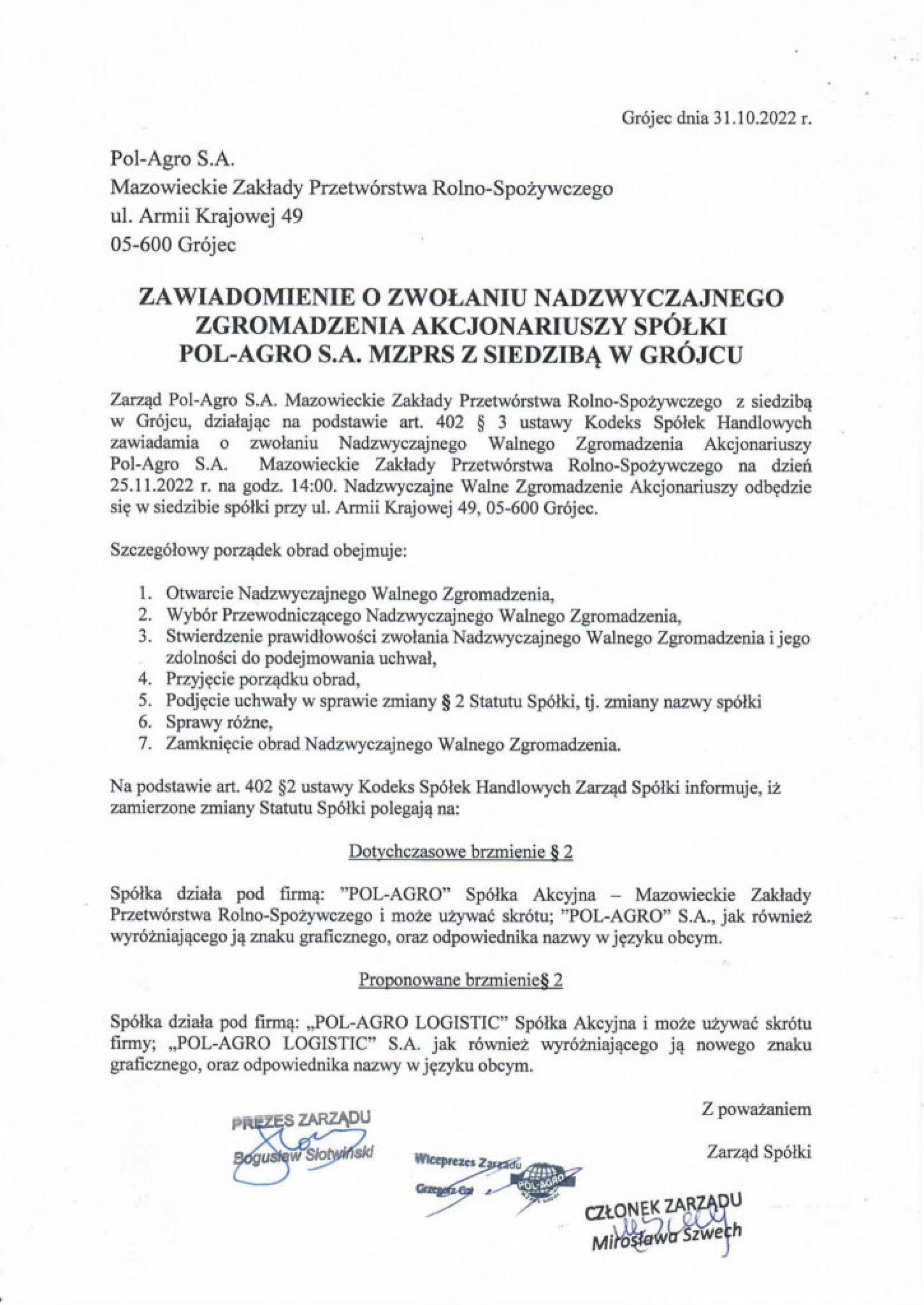Walne Nadzwyczajne Zgromadzenie Akcjonariuszy 25.11.2022