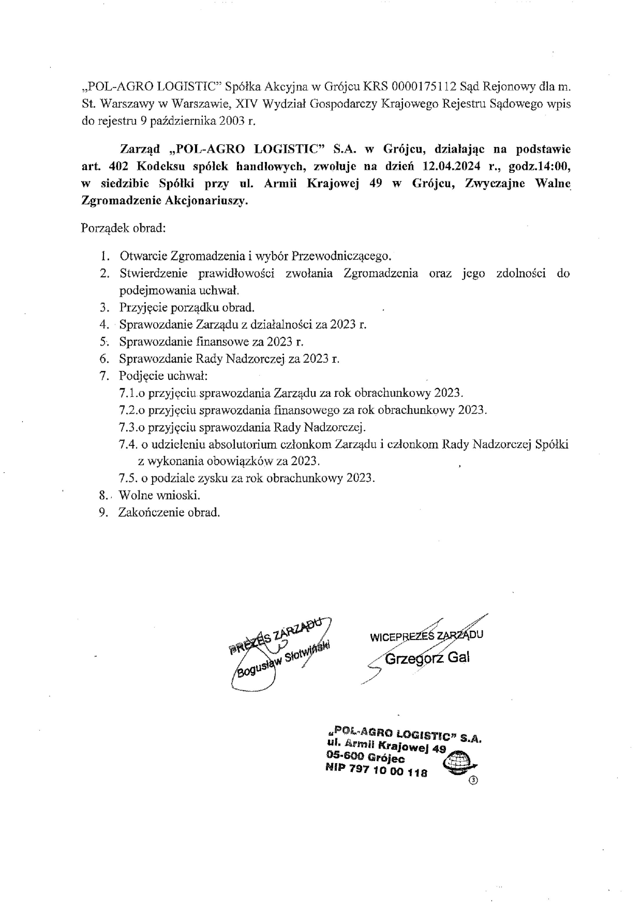 Walne  Zgromadzenie Akcjonariuszy 12.04.2024